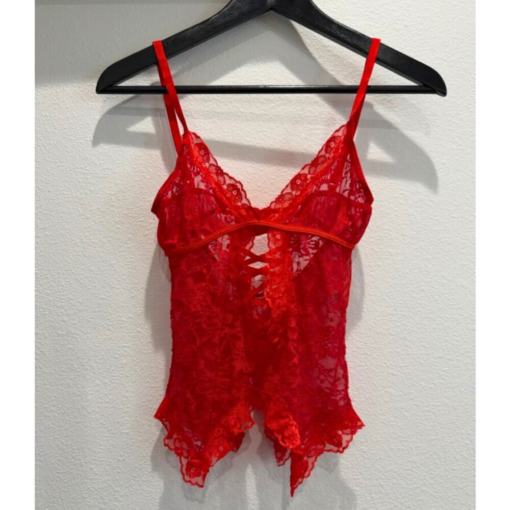Vintage Bright Red Lace Cami Lingerie Top Size S/M